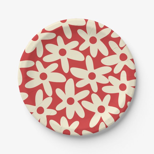 Retro Daisies Floral Pattern Red and Cream Paper Plate (Front)
