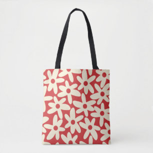 Retro Daisies Floral Pattern Red and Cream Tote Bag