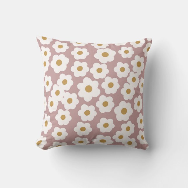 Retro Daisies Floral Pink White Throw Pillow (Front)