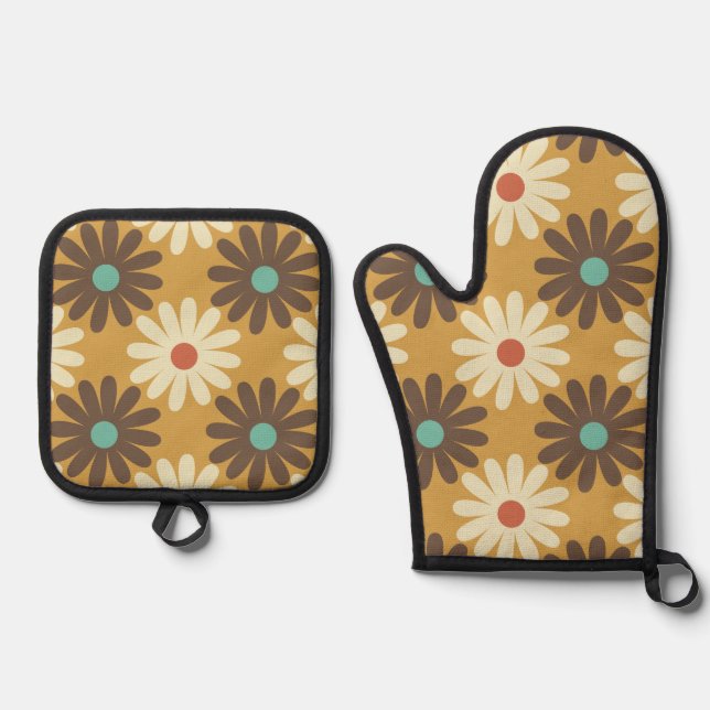 Retro Daisies in Yellow Oven Mitt & Pot Holder Set (Front)