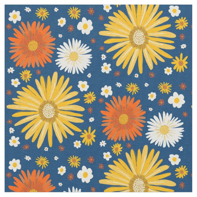 Retro Daisies Pattern Deep Blue Fabric (Close Up)