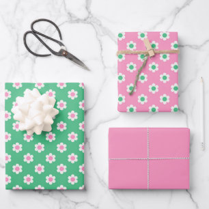 Retro Daisies Pink and Green Wrapping Paper Sheet