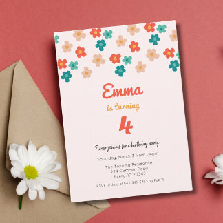 Retro Daisies Pink Girls Birthday Party Invitation