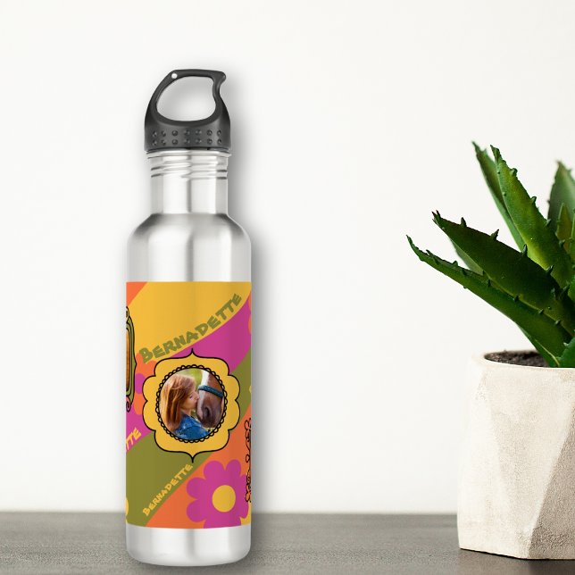 Retro Daisy 3 Photo Horse Pet Collage and Name 710 Ml Water Bottle (Creator Uploaded)