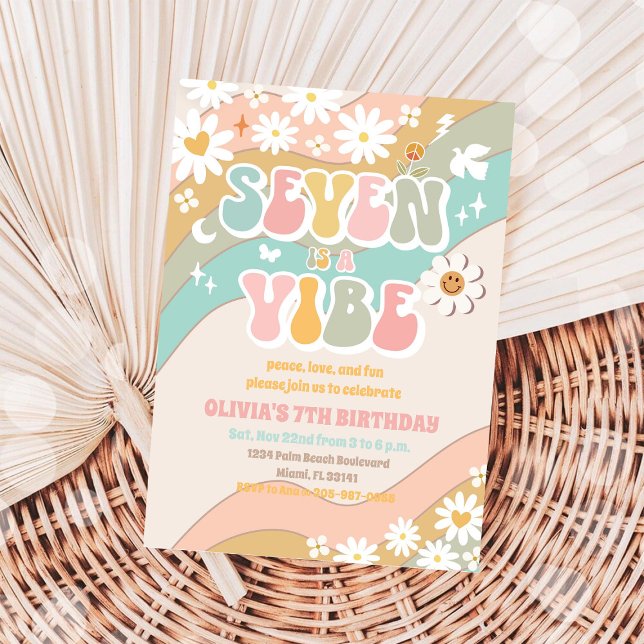 Retro Daisy 7th Birthday Invitation (Creator Uploaded)