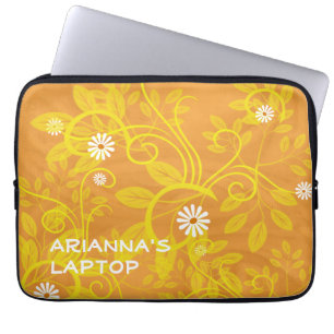 Retro Daisy and Yellow Filigree Over Orange Laptop Sleeve