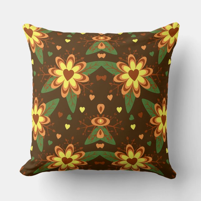 Retro Daisy Autumn Floral Heart Pattern Cushion (Front)