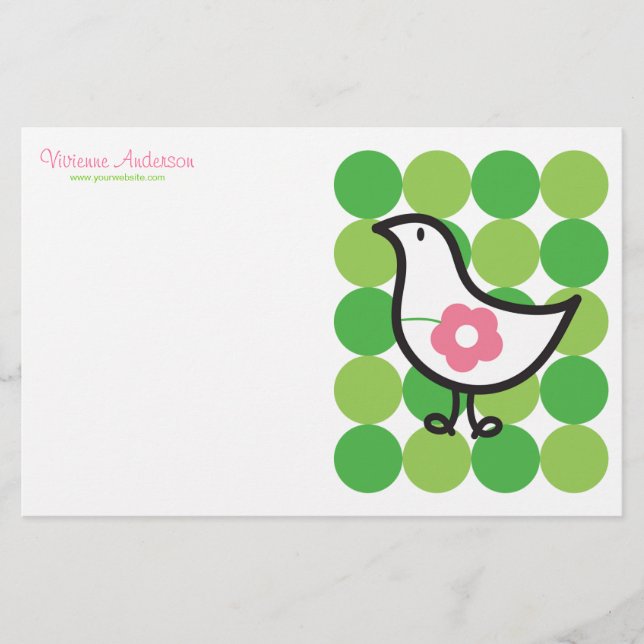 Retro Daisy Baby Chick Bird Whimsical Cute Dots Stationery (Front)