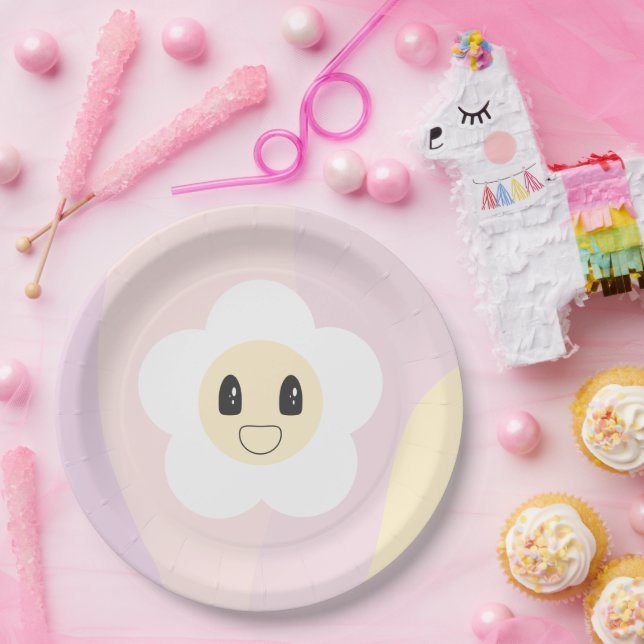 Retro Daisy Blush Pink Baby Girl birthday Paper Plate (Party)