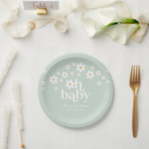 Retro Daisy boho Baby Shower green Paper Plate