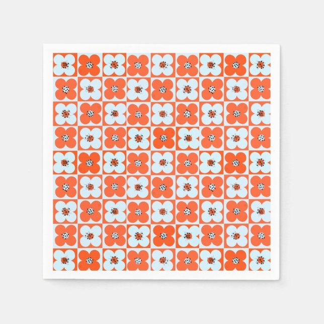 Retro Daisy Boho Chequered Orange Paper Napkin (Front)