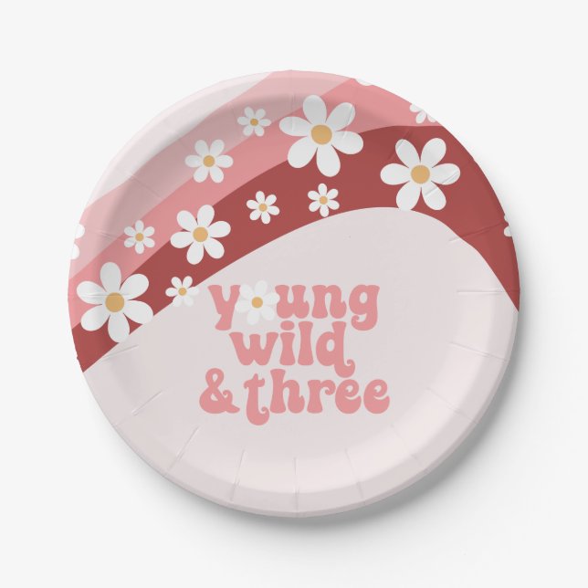 Retro daisy boho floral 3rd birthday paper plate (Front)