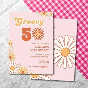 Retro Daisy Boho Orange Pink 50th Birthday Invitation