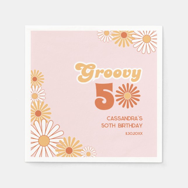 Retro Daisy Boho Orange Pink 50th Birthday Napkin (Front)