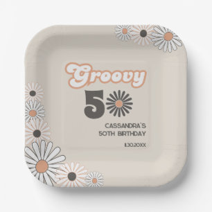 Retro Daisy Boho Terracotta Natural 50th Birthday Paper Plate