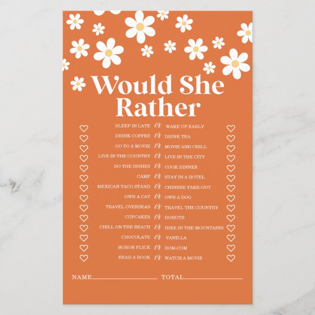 Retro Daisy bridal shower Game Flyer (Front)