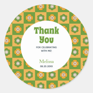 Retro Daisy Floral Checkered Green Thank You  Classic Round Sticker