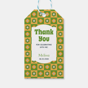 Retro Daisy Floral Chequered Green Thank You Gift Tags