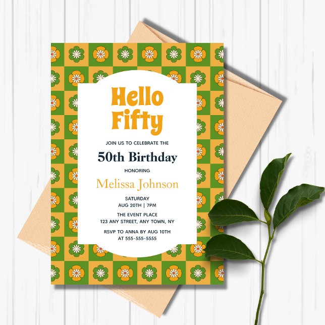 Retro Daisy Floral Chequered Hello Fifty Birthday Invitation (Creator Uploaded)