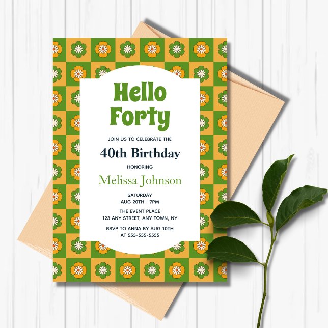 Retro Daisy Floral Chequered Hello Forty Birthday Invitation (Creator Uploaded)