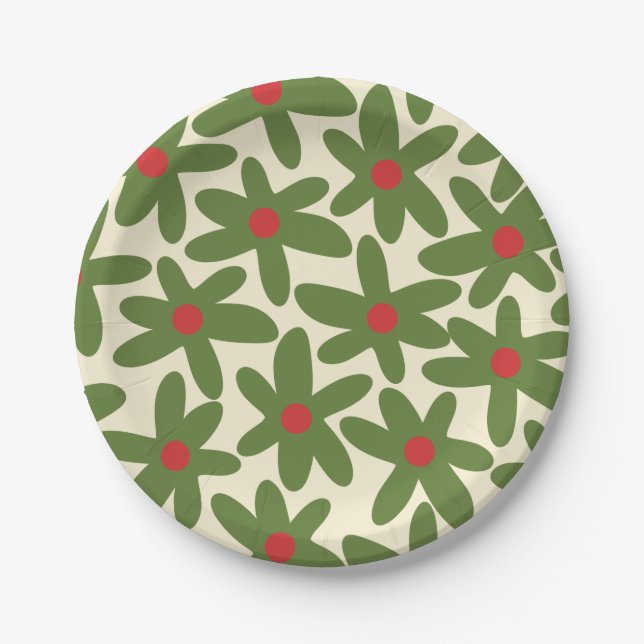 Retro Daisy Floral Christmas Xmas Pattern  Paper Plate (Front)