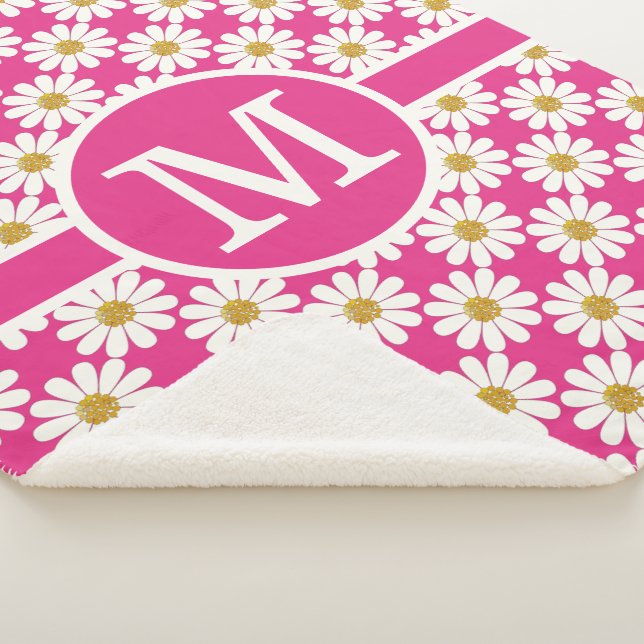 Retro Daisy Floral Patter Monogram Sherpa Blanket (3/4)