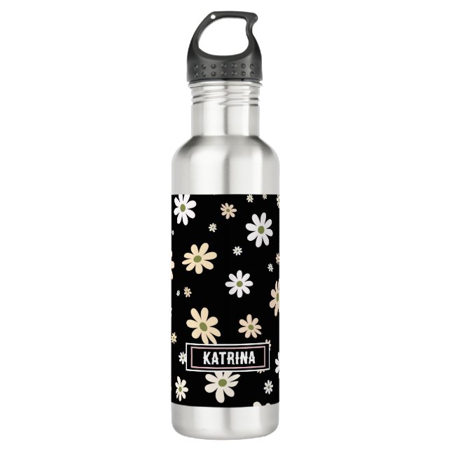 Retro Daisy Floral Pattern Boho Personalised Black 710 Ml Water Bottle (Front)