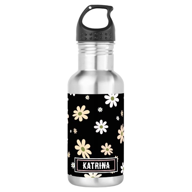 Retro Daisy Floral Pattern Boho Personalised Black 710 Ml Water Bottle (Front)