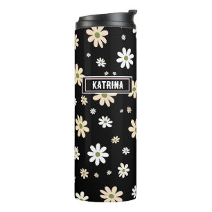 Retro Daisy Floral Pattern Boho Personalized Black Thermal Tumbler