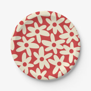 Retro Daisy Floral Pattern in Red and Cream Paper Plate