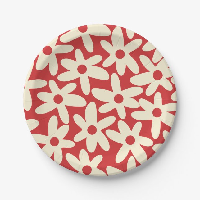 Retro Daisy Floral Pattern in Red and Cream Paper Plate (Front)
