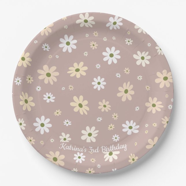 Retro Daisy Floral Pattern  Personalised Birthday Paper Plate (Front)