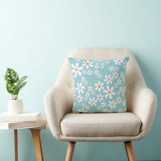 Retro Daisy Floral Pattern Teal Cushion