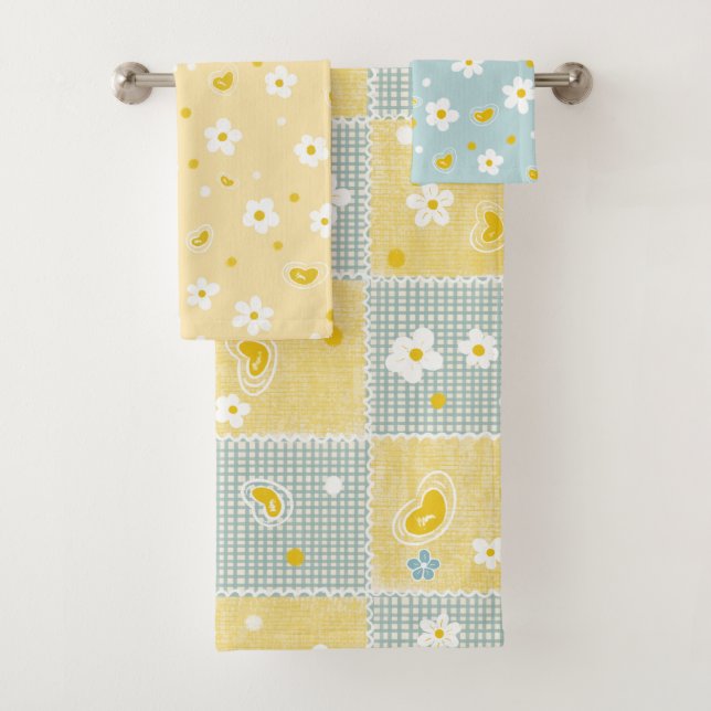 Retro Daisy Floral Pattern Yellow and Blue Bath Towel Set (Insitu)