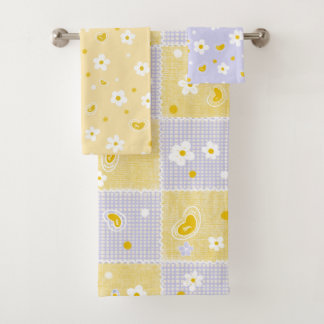 Retro Daisy Floral Pattern Yellow and Purple Bath Towel Set