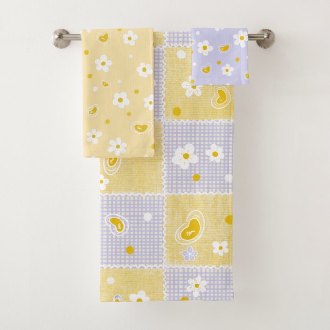 Retro Daisy Floral Pattern Yellow and Purple  Bath Towel Set (Insitu)