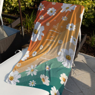 Retro Daisy Floral Rainbow Monogram Beach Towel