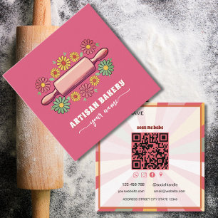 Retro Daisy Floral Rolling Pin orange Bakery Square Business Card