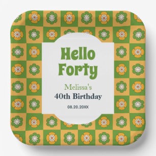 Retro Daisy Flower Checkered Hello Forty Birthday Paper Plate