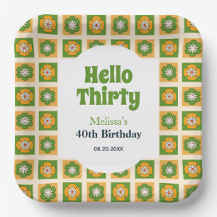 Retro Daisy Flower Checkered Hello Thirty Birthday Paper Plate
