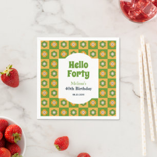 Retro Daisy Flower Chequered Hello Forty Birthday Napkin