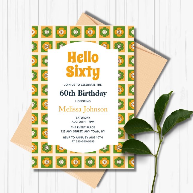 Retro Daisy Flower Chequered Hello Sixty Birthday Invitation (Creator Uploaded)