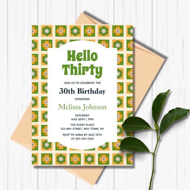 Retro Daisy Flower Chequered Hello Thirty Birthday Invitation (Creator Uploaded)