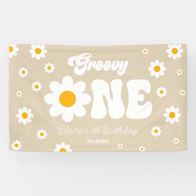 Retro Daisy Flower Groovy One 1st Birthday Party Banner (Horizontal)
