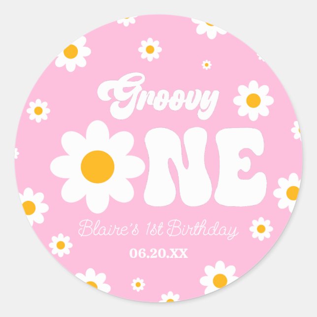 Retro Daisy Flower Groovy One 1st Birthday Party Classic Round Sticker (Front)