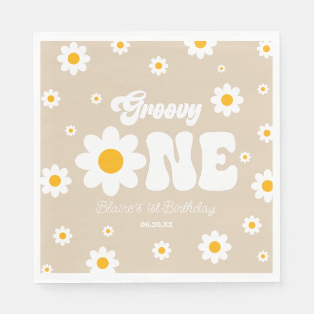 Retro Daisy Flower Groovy One 1st Birthday Party Napkin (Front)