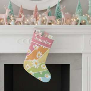 Retro Daisy Flower Pastel Stripes  Monogram Small Christmas Stocking