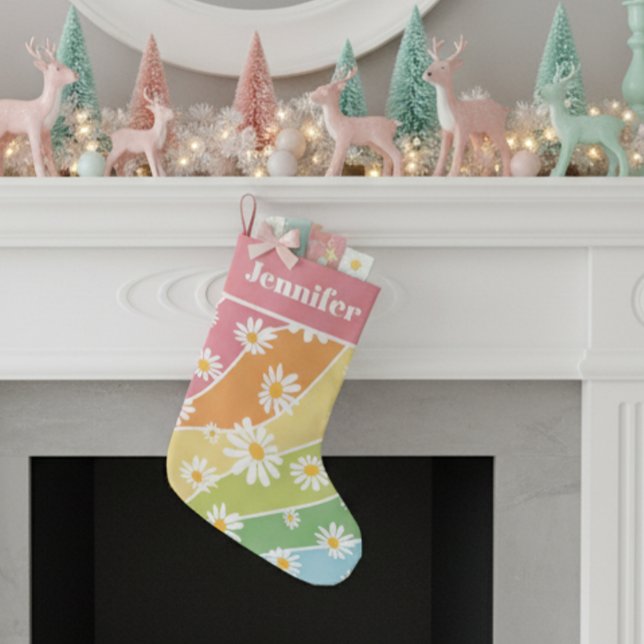 Retro Daisy Flower Pastel Stripes  Monogram Small Christmas Stocking (Creator Uploaded)
