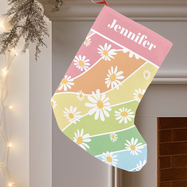 Retro Daisy Flower Pastel Stripes  Monogram Small Christmas Stocking (Creator Uploaded)