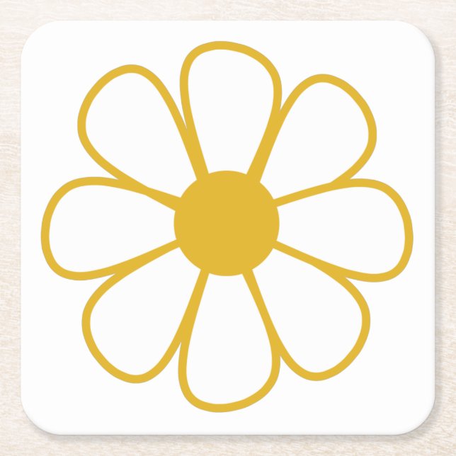 Retro Daisy Flower Single in Mustard Yellow Square Paper Coaster (Front)